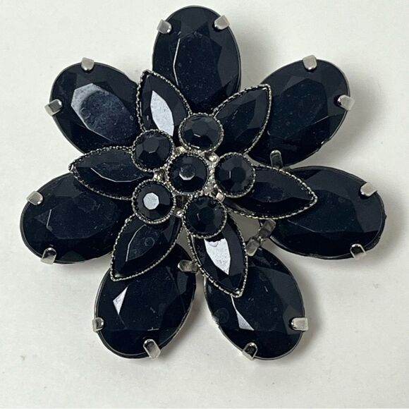 VTG French Jet Black Flower Brooch Set of 3 Silver tone Mourning Faceted - Picture 11 of 11